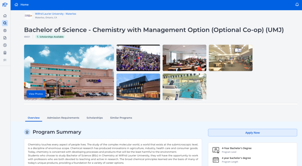 An example of what a program page looks like on the ApplyBoard platform, with program information, campus photos, tuition fees, and more.
